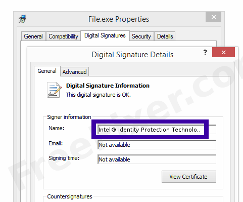 Screenshot of the Intel® Identity Protection Technology Software certificate